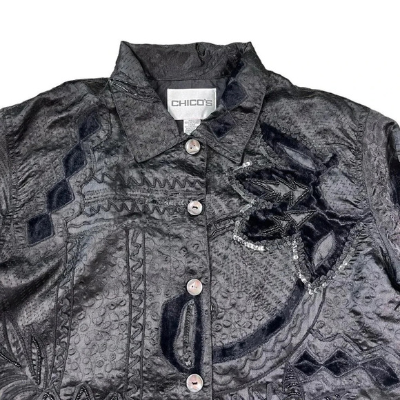 Chicos Black Lace Embroidered Jacket Button Down Shirt Sequin Floral Size 1 US M - Picture 4 of 9
